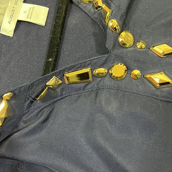 August Silk Women's Black 3/4 Sleeve Jeweled V-Neck Blouse Gold Rhinestones XL - Picture 8 of 8